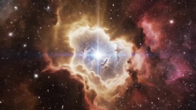 Vibrant astronomical image of a bright nebula with swirling clouds of gas and dust in space with a deep, starry background.