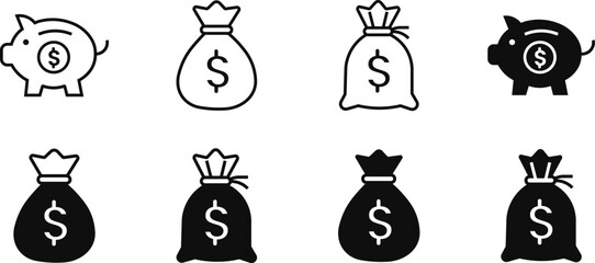 Piggy bank and money bag icons in black and white styles depicting personal savings methods wealth storage and financial safety using simple outline and flat filled vector shapes. © anamull2004
