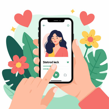 A young woman taking a selfie on her smartphone, surrounded by colorful hearts and tropical foliage. Vector.