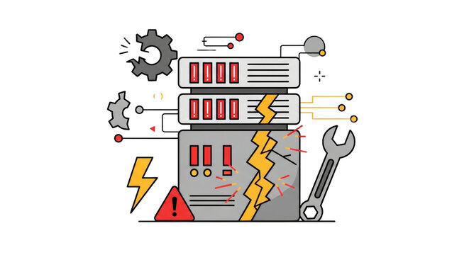 Broken computer server rack tools lightning bolts error signs maintenance system failure database malfunction tech graphic element cutout isolated clean transparent background illustration art.