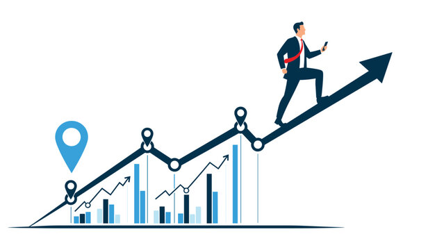 Determined businessman climbing a rising growth arrow with data charts and location markers representing successful business development and progress.