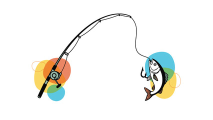 Fototapeta premium Fishing rod with a hooked fish leaping out of the water against colorful abstract circles representing leisure and a successful catch.