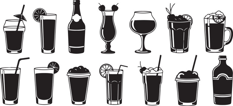 Collection of various cocktail drinks and glasses illustration set