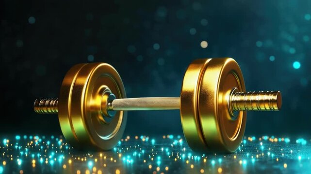 Shiny golden dumbbell on glittering surface with bokeh background