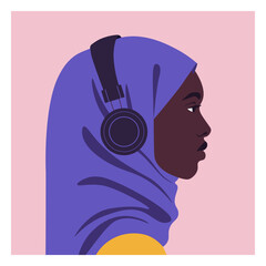 Modern flat vector portrait of a young Black Muslim woman in profile view, wearing a purple hijab and large headphones. Podcasts, music, audiobooks. Diversity, modern Islamic lifestyle, inclusive.