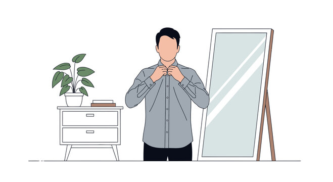 Man Buttoning Shirt in Front of Mirror, Getting Ready for Work