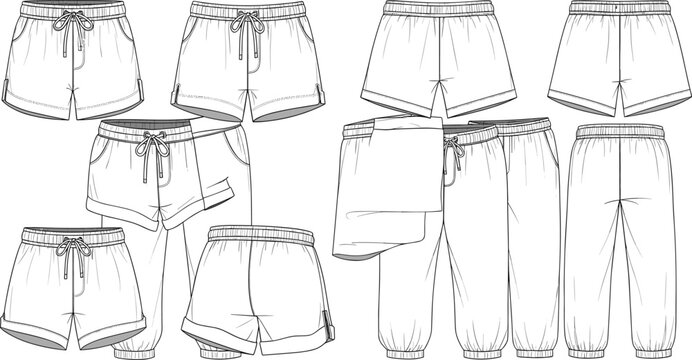 Set of technical fashion sketches featuring casual drawstring shorts and elastic waist sweatpants for apparel design and manufacturing vector.