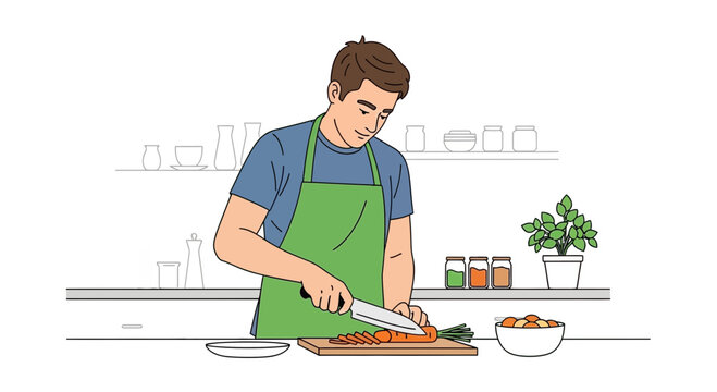 Man chopping carrots on a cutting board in a kitchen, preparing food