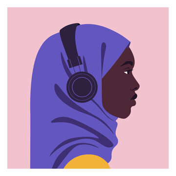Modern flat vector portrait of a young Black Muslim woman in profile view, wearing a purple hijab and large headphones. Podcasts, music, audiobooks. Diversity, modern Islamic lifestyle, inclusive.