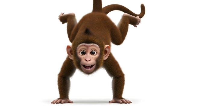 A playful cartoon monkey performing a handstand on a white background, with a big smile and happy expression, perfect for children's content and fun designs