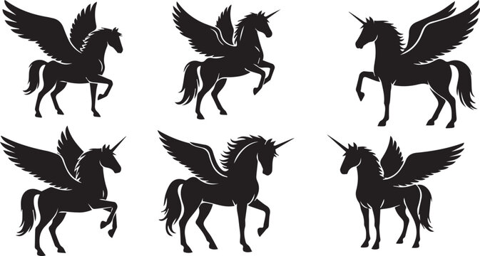 Winged Unicorn Silhouette Set, Pegasus Mythical Horse Vector Icons