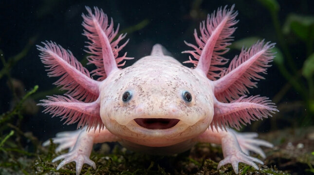 Axolotl looking at camera with open mouth underwater in natural habitat  