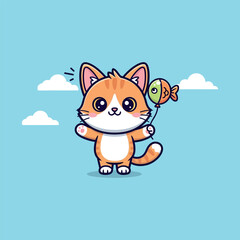 Fototapeta premium Cute Orange Cartoon Cat Playing Toy.