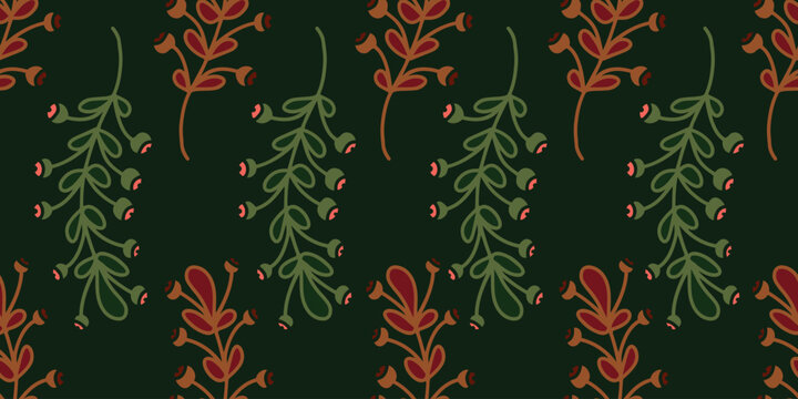 Seamless botanical pattern with red berries and green leaves on dark background. Ethno modern decorative design perfect for textile and packaging.