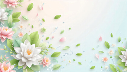 Fototapeta premium Soft pastel Songkran background with floating petals, green leaves, and gentle water droplets, minimal elegant design, light airy atmosphere