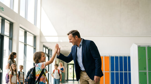 Student and Teacher Sharing a Happy High Five in a Bright Modern School Hallway Fostering a Positive and Welcoming Learning Environment for Children