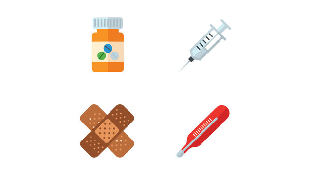 First aid and medical treatment essentials illustrated with icons