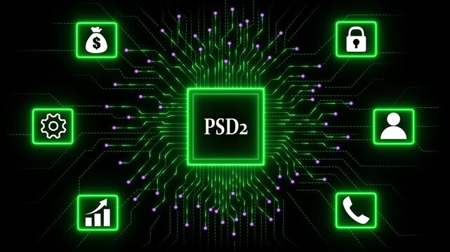 PSD2 Technology Network concept with Data Security and Automation. Business, Technology, Internet and network concept. Abstract glowing green circuit board background. 4k video