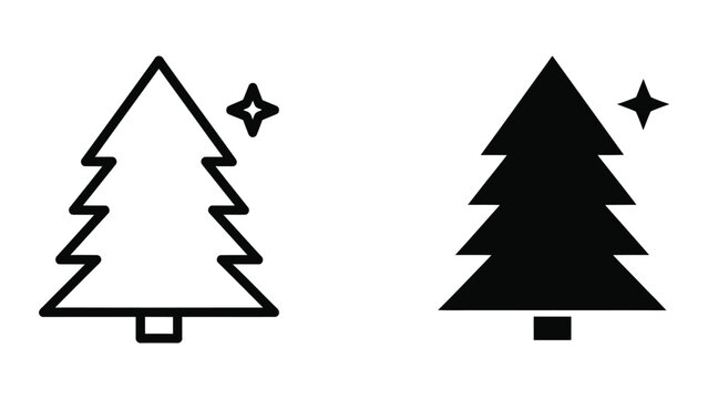 Comparison of outlined and filled christmas trees with stars above them