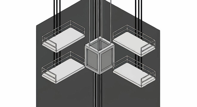 Elevator Shaft with Multiple Platforms and Cables.