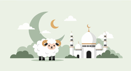 Fototapeta premium Modern flat vector illustration for Eid al-Adha, featuring a cute sheep, mosque, and crescent moon. Ideal for digital greetings, social media, and web design.