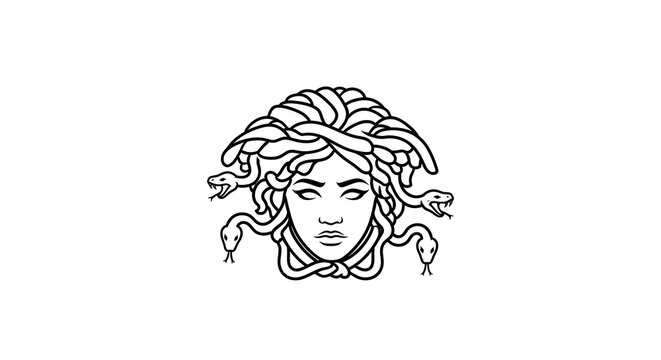 Line art illustration of a mythological creature's head with snake-like hair, representing a classic ancient symbol