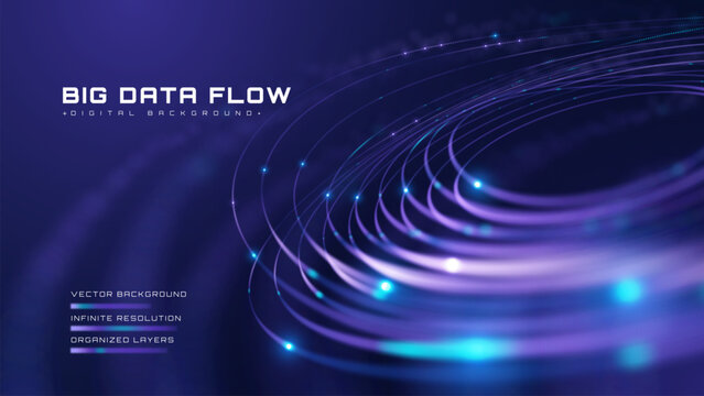 Abstract blue background with big data flow. Futuristic technology network system showing dynamic purple neon line.