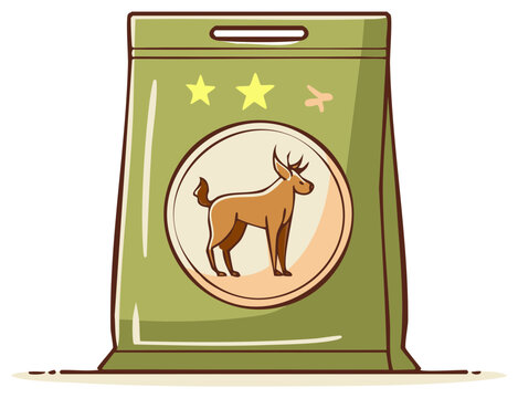 Dog food bag design featuring a deer graphic with two stars and a paw illustration