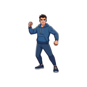 Young man in blue tracksuit exercising.