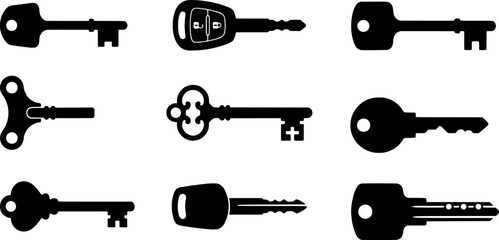 A set of various black keys on a white background, including house and car keys in a vector graphic illustration. © Sarfaraz