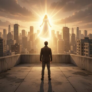 Silhouette of man standing on rooftop gazing at glowing angelic figure over city.
