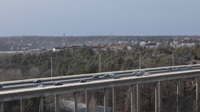 Stockholm, Sweden Traffic on the E4 elevated highway known as the Essingeleden.