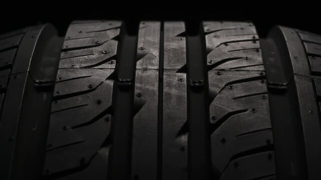 Shiny Rubber Tread Surface. The new car tire is highlighted by a spotlight in the dark. The wheel rotates slowly toward the viewer against a black background