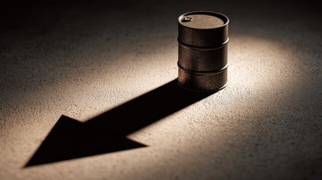 Oil barrel and arrow shadow, symbolising a decline or economic downturn. The image captures the essence of a gloomy future with strong symbolism