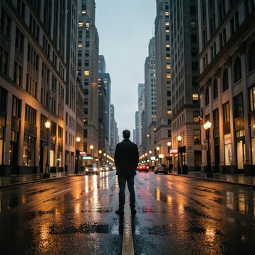 Silhouette of person walking down foggy empty city street at dusk.