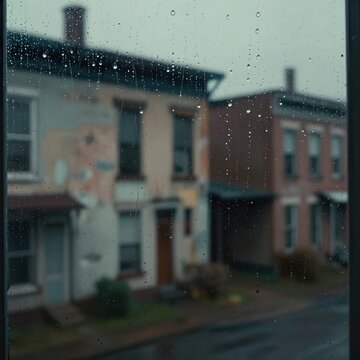 Wet rainy urban street with old brick buildings under overcast sky.