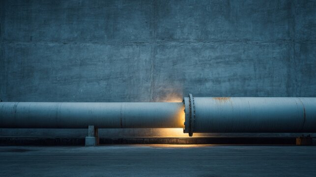 Industrial pipeline running along a textured wall, conveying fluids or gases. The scene highlights the infrastructure, industrial progress, and engineering involved