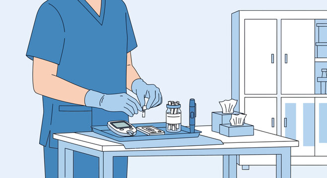 Healthcare professional prepares blood glucose test kit with meter and lancets