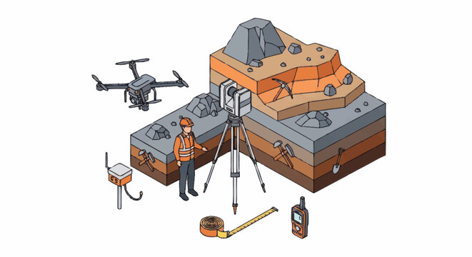 Geological Survey Equipment and Drone Illustration.