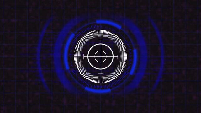 Mysterious digital interface with concentric circles and binary code. Interface showcases tech elements. Visualization ideal for cyber and data projects.