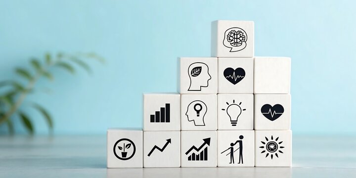 A stack of white blocks with various business and health icons on them