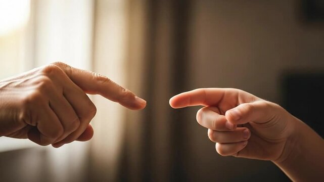 Two hands pointing at each other.