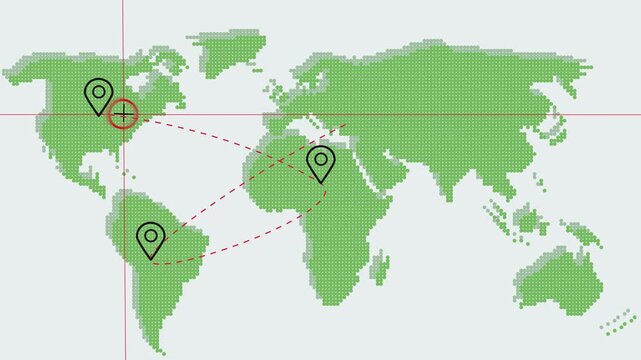 Geographic markers on world map highlighting North America and Europe. Map visualization with location focus. Ideal for data and location projects.