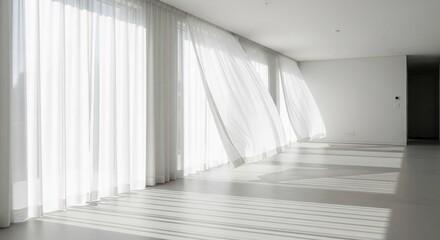 Fototapeta premium Bright Room with Flowing White Curtains and Sunlight Shadows on Floor