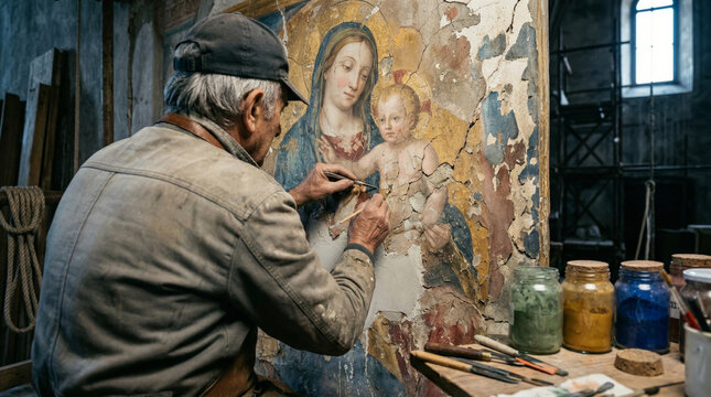 Senior master restorer carefully repairing a damaged religious fresco depicting Madonna and Child in an old church or cathedral