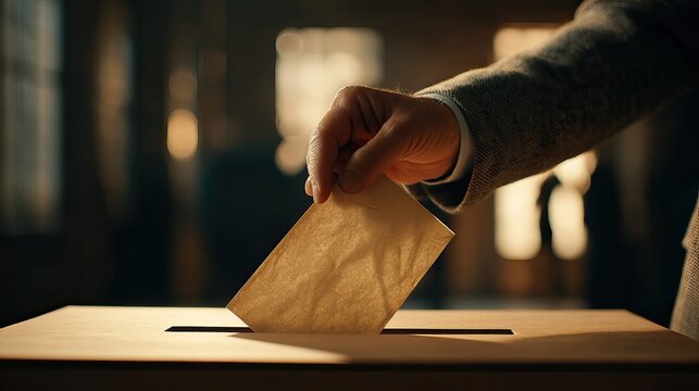 Close-up of a hand carefully inserting a paper ballot into a white voting box at a polling station. AI generated image
