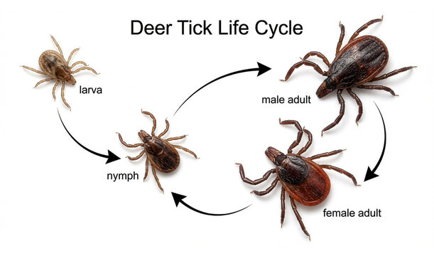 Life cycle infographic of deer ticks.