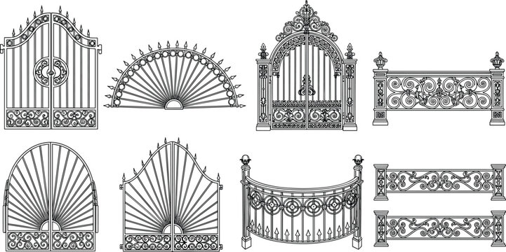 Ornate black wrought iron gates and decorative fences set with vintage filigree patterns isolated on white background vector illustration