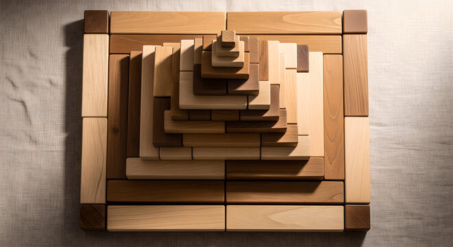 Wooden blocks pyramid structure representing business growth and foundation on a neutral textured background
