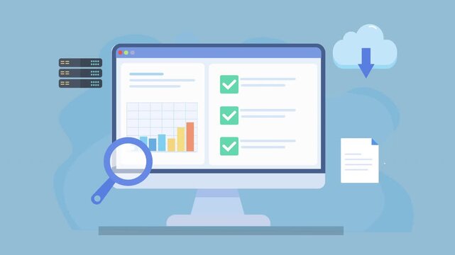Animated cloud dashboard interface featuring analytics charts, secure data checks, file sync, and search elements, representing digital monitoring, storage, and workflow management.